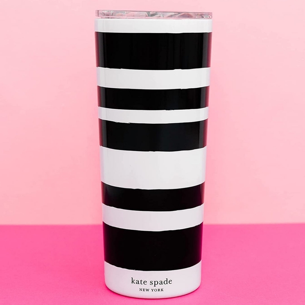 Kate Spade Black and White Striped Stainless Steel Travel Tumbler, 24 oz
